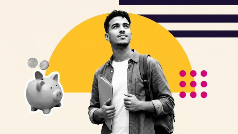 Étudiant avec sac à dos et cahier, à côté d'une tirelire, pour les frais d'inscription à l'université