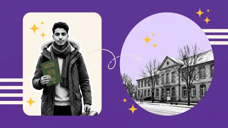Étudiant en manteau d'hiver avec son passeport marocain, et une école française sous la neige pour une rentrée décalée