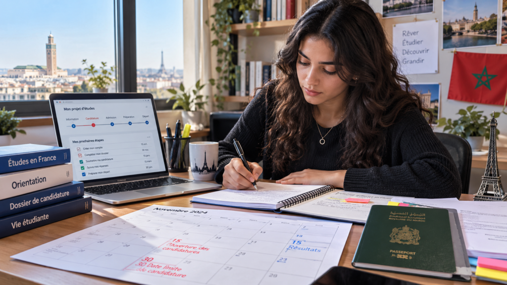 Étudiante marocaine préparant son dossier devant un calendrier Campus France Maroc, avec ordinateur, documents et passeport pour organiser ses démarches d’études en France.