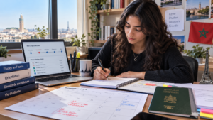 Étudiante marocaine préparant son dossier devant un calendrier Campus France Maroc, avec ordinateur, documents et passeport pour organiser ses démarches d’études en France.
