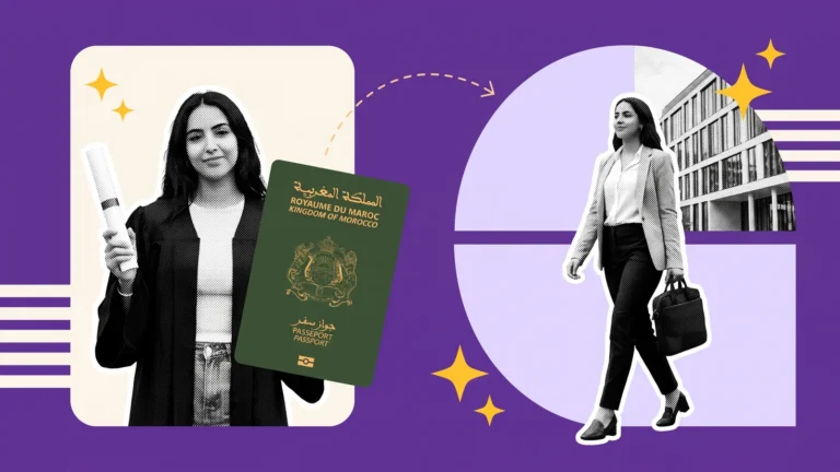 Diplômée en toge avec son passeport marocain, puis jeune salariée devant un immeuble de bureaux en France