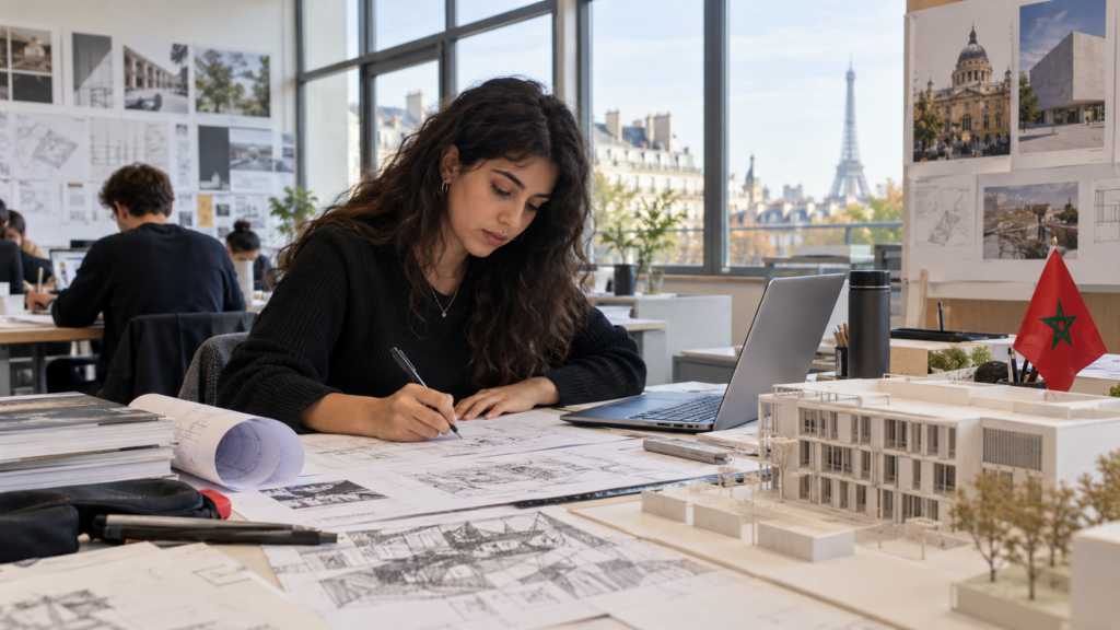 Étudiante marocaine travaillant sur des plans et une maquette dans un atelier à Paris, illustrant les études d'architecture en France.