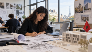 Étudiante marocaine travaillant sur des plans et une maquette dans un atelier à Paris, illustrant les études d'architecture en France.