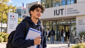 Étudiant marocain devant un IUT en France, prêt à commencer ses études en BUT en France.