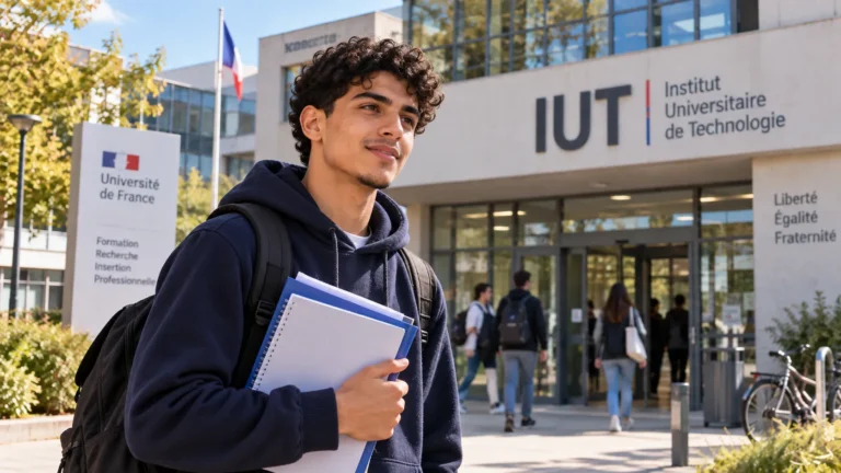 Étudiant marocain devant un IUT en France, prêt à commencer ses études en BUT en France.