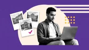 Étudiant devant son ordinateur portable, à côté de trois fiches d'universités françaises dont une cochée, pour remplir le panier de formations Campus France
