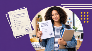 Étudiante présentant une attestation d’assurance habitation pour son logement étudiant en France, avec des documents illustrant les garanties contre les incendies, les dégâts des eaux et les dommages liés à la responsabilité civile.