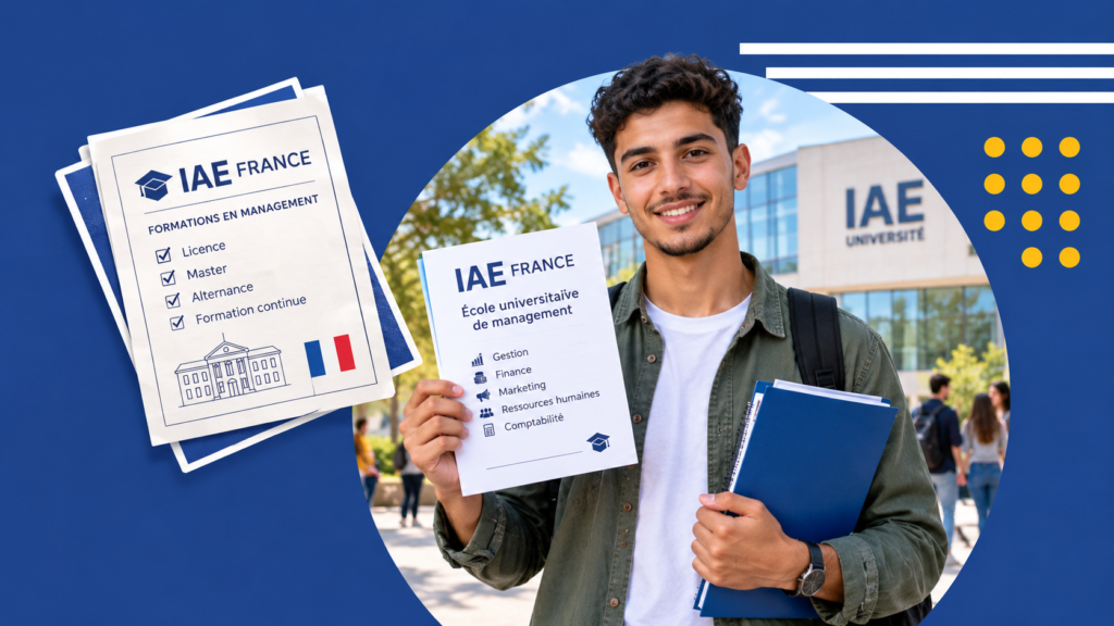 Étudiant marocain présentant un dossier de formation en management devant un campus universitaire, illustrant les possibilités d’admission en IAE France après une licence.