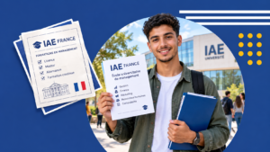 Étudiant marocain présentant un dossier de formation en management devant un campus universitaire, illustrant les possibilités d’admission en IAE France après une licence.